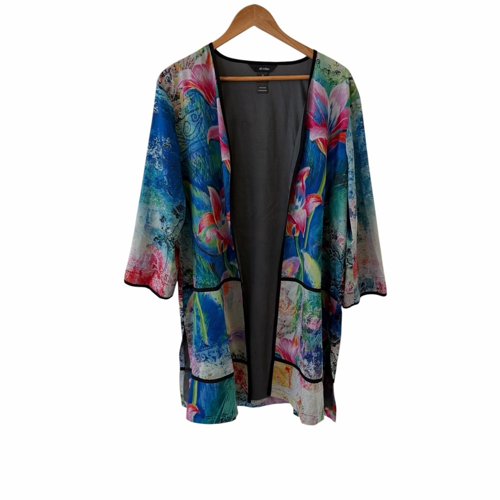 Ali Miles Floral Kimono Open Cardigan Womens XL Multicolor Tropical Artsy Boho